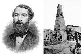 Retrato de Edwin Drake junto a su pozo petrolífero
